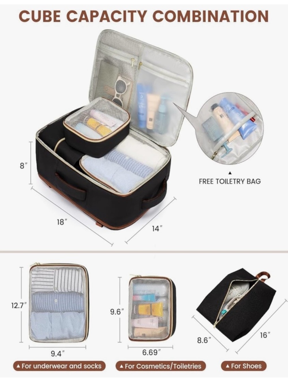 Black and White Travel Backpack with Brown Trim - Premium Organizer - Picture 2 of 7